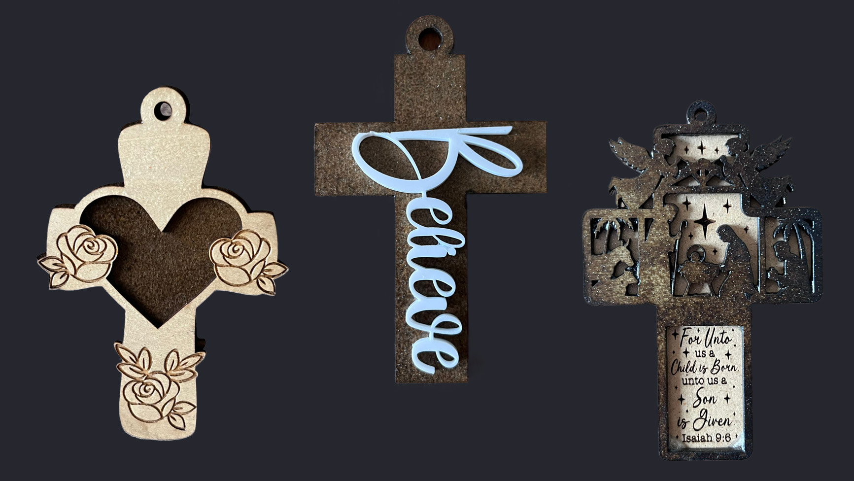 Handcrafted laser cut cross ornaments, available in three unique designs, each beautifully assembled to inspire faith, love, and hope.