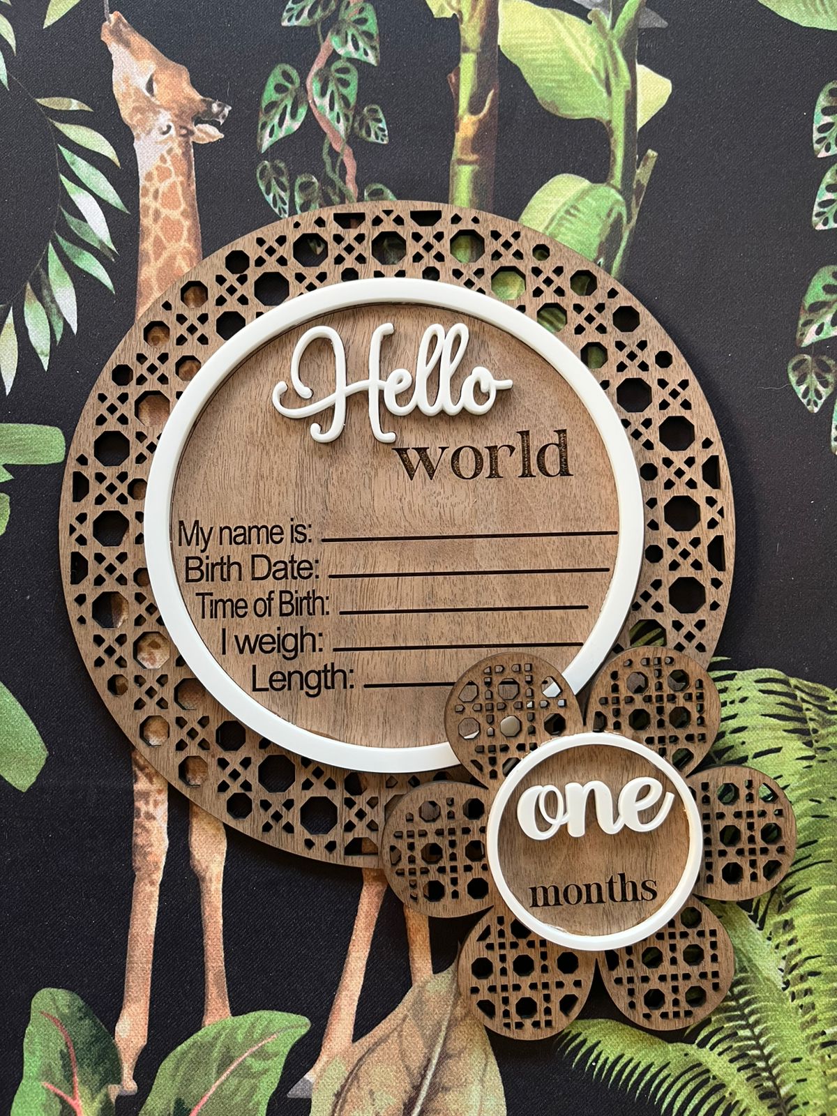 Celebrate your baby’s arrival and growing milestones with this beautifully crafted wooden “Hello World” announcement set. Perfect for newborn photos and monthly updates.